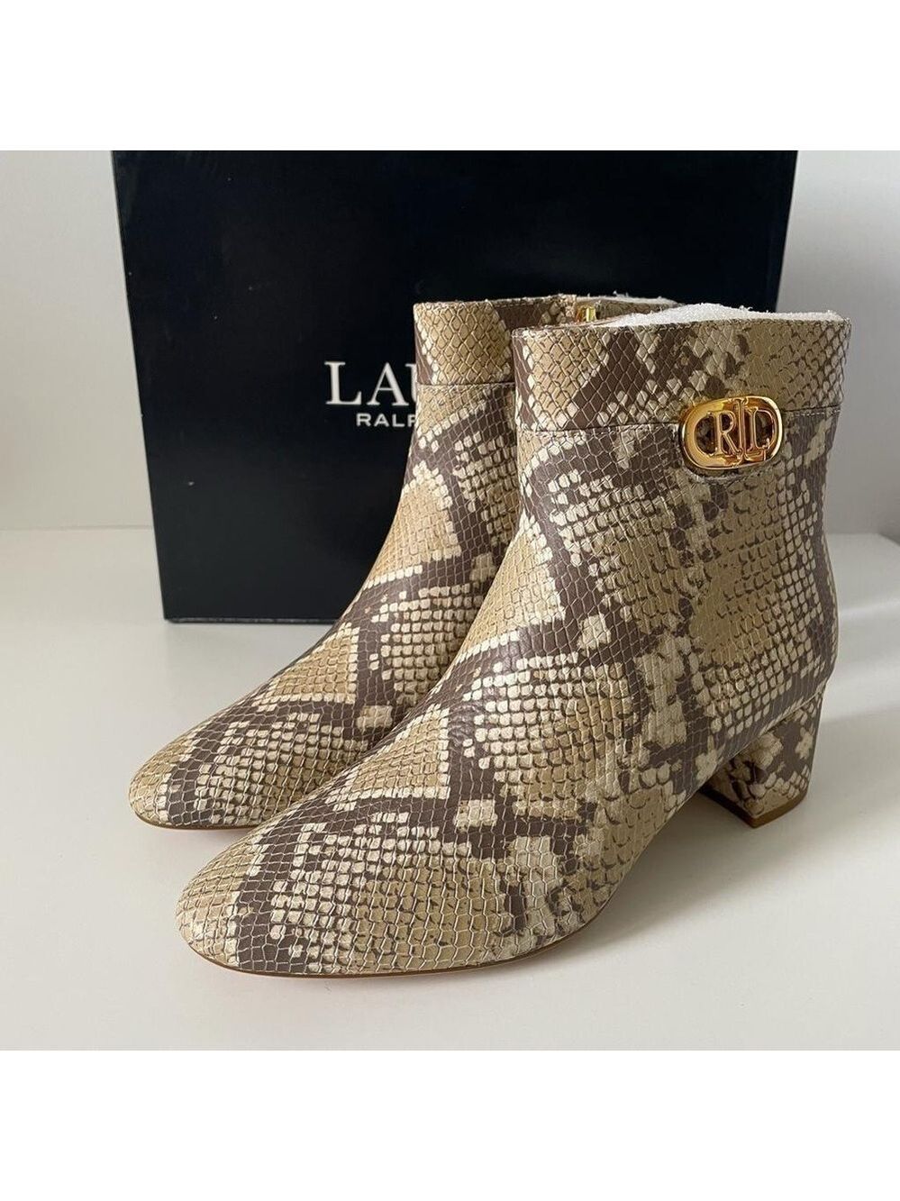 Nib Ralph Lauren Wynne II Python Embossed Leather Block Heel Booties Boots - Picture 13 of 16